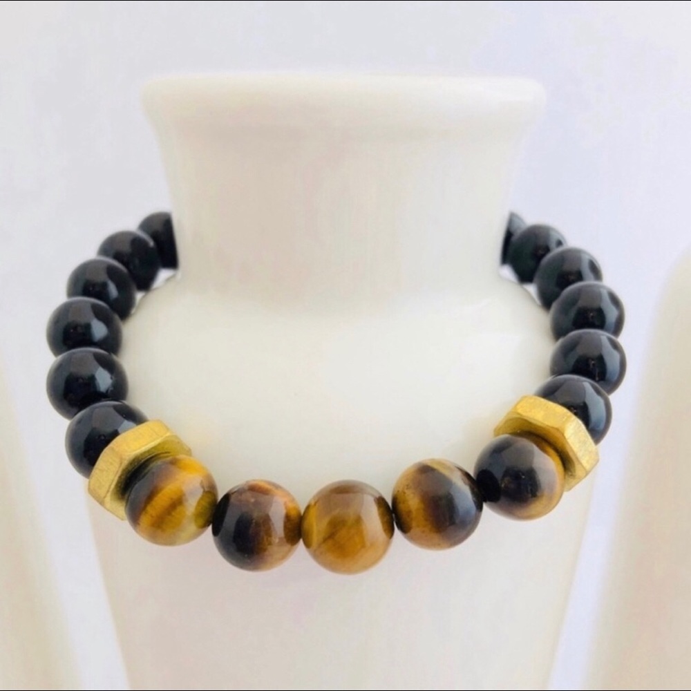 Mens Tiger Eye Onyx Gemstone Beaded Bracelet 945